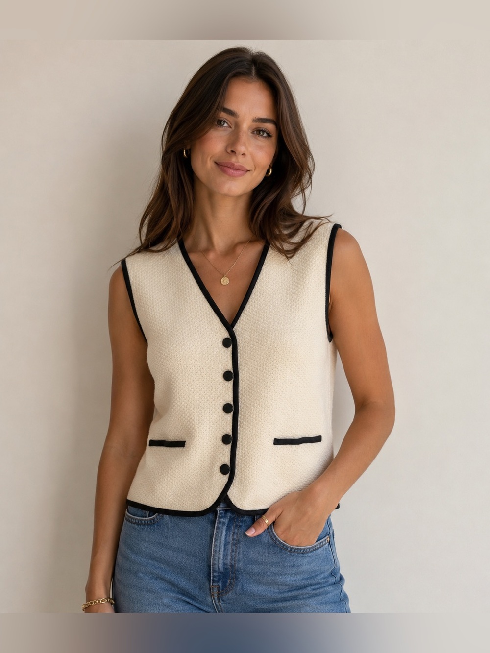 Escada Cream Knit Vest with Black Trim